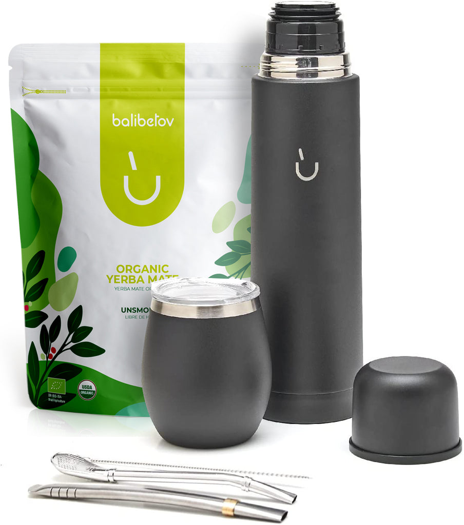 Premium Stainless Steel Yerba Mate Kit - 1kg Yerba Mate Bag Included (Black)