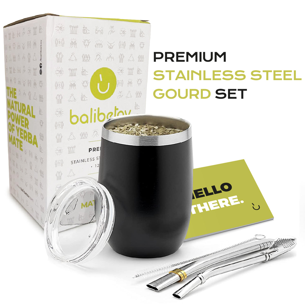 BALIBETOV Complete Yerba Mate Set - Modern Mate Gourd, Thermos, Yerba  Container, Two Bombillas and Cleaning Brush Included BLACK PREMIUM 