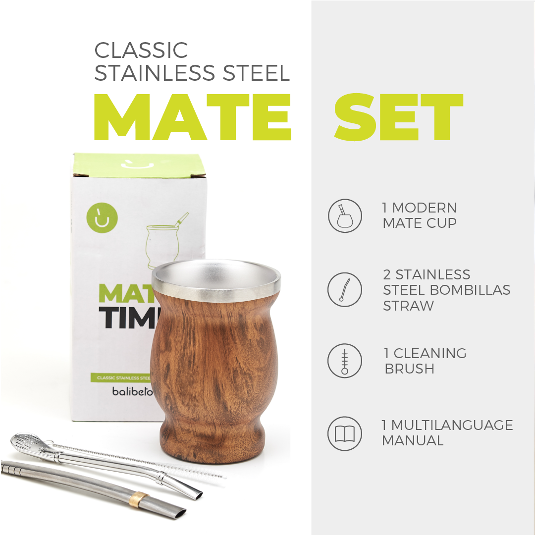 BALIBETOV Premium Mate Kit - 1 Natural Calabash Mate Cup, 1 Modern  Stainless Steel Mate Cup, 3 Bombillas (Mate Straw) and 2 Cleaning Brush -  All