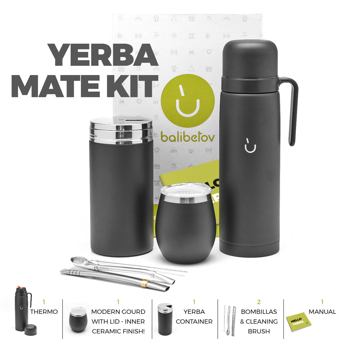 BALIBETOV Premium Mate Kit - 1 Natural Calabash Mate Cup, 1 Modern  Stainless Steel Mate Cup, 3 Bombillas (Mate Straw) and 2 Cleaning Brush -  All