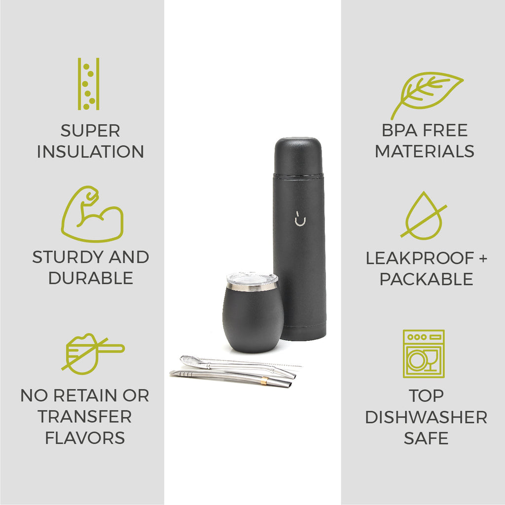 Premium Stainless Steel Yerba Mate Kit - 1kg Yerba Mate Bag Included (Black)
