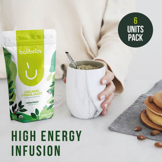 Organic Yerba Mate By Balibetov - Unsmoked 2.5 oz I 70g Bag (Pack of 6 Resealable Bags)