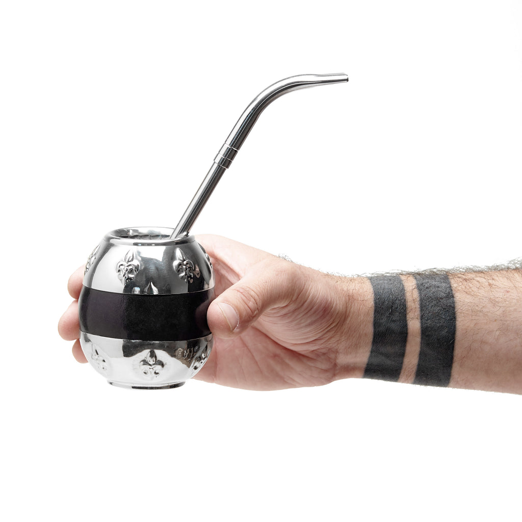 The Small Flor de Lis German Silver Calabash Mate Gourd Set (Black)