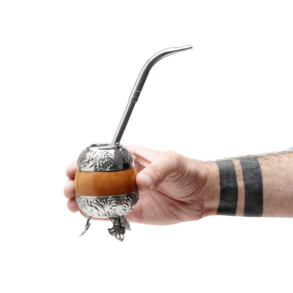 The Small Flowery German Silver Calabash Mate Gourd Set (Suela)