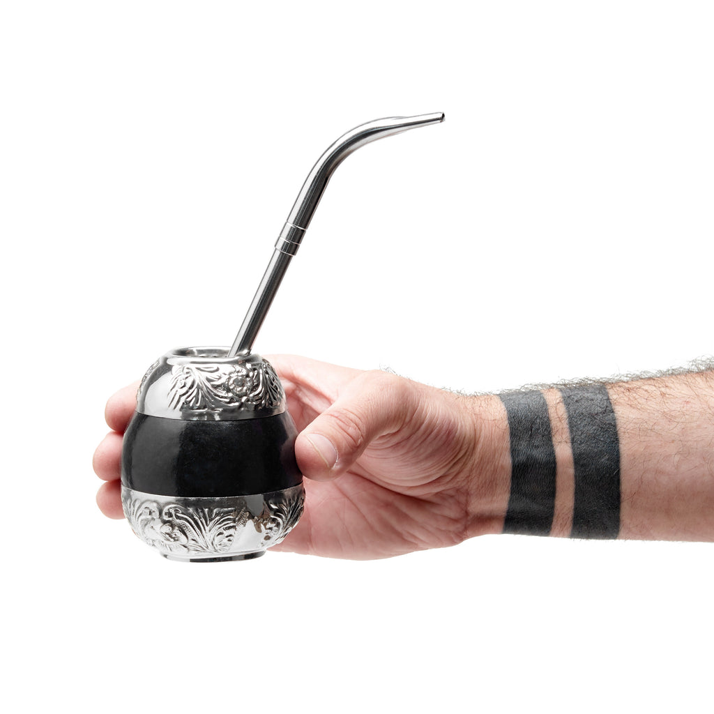 The Small Flowery German Silver Calabash Mate Gourd Set (Black)