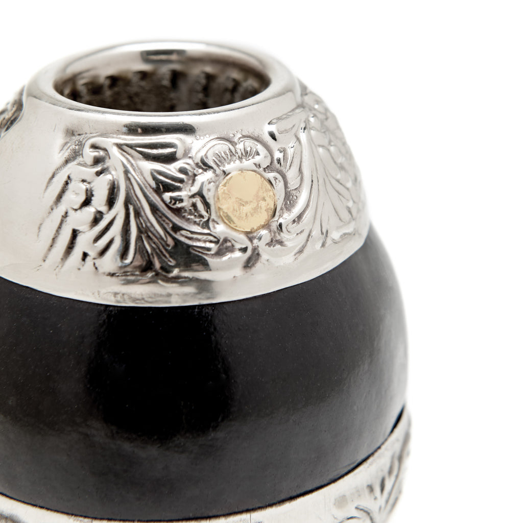The Small Flowery German Silver Calabash Mate Gourd Set (Black)