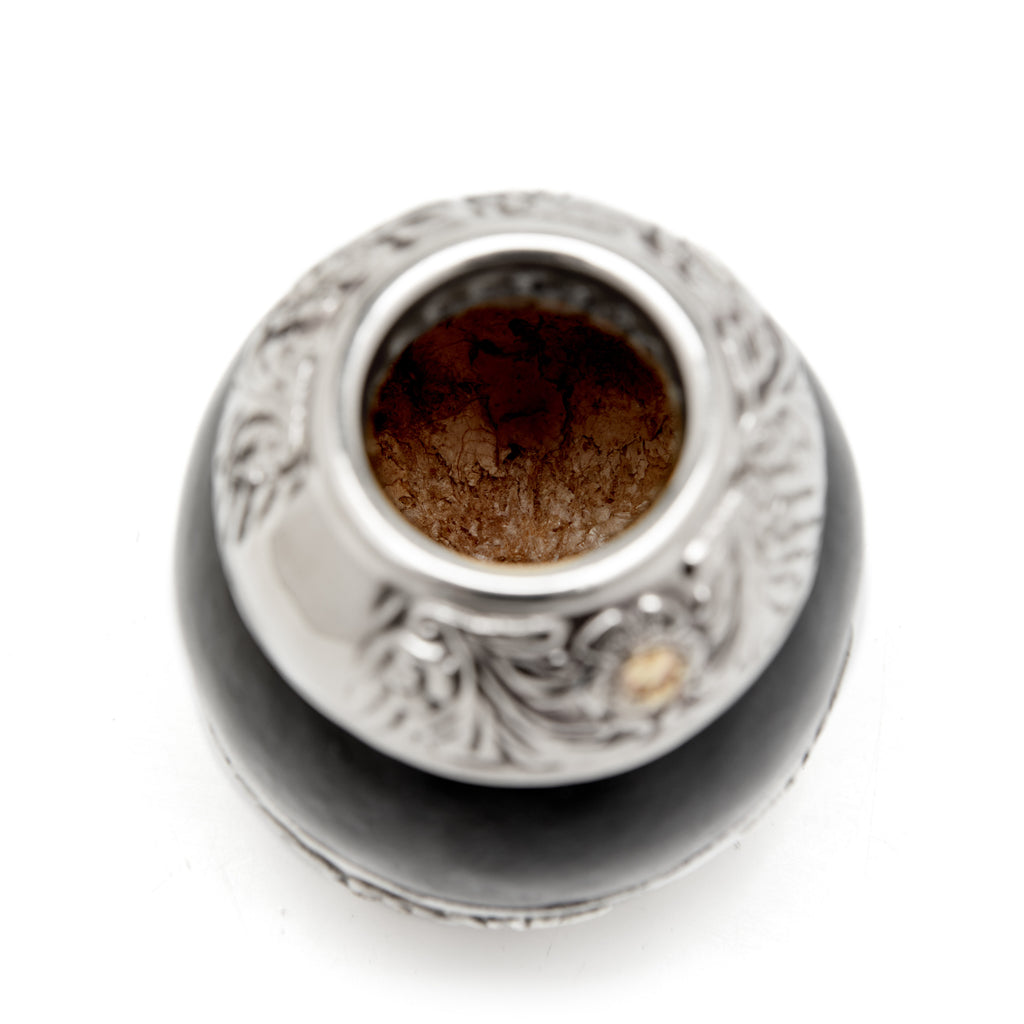 The Small Flowery German Silver Calabash Mate Gourd Set (Black)