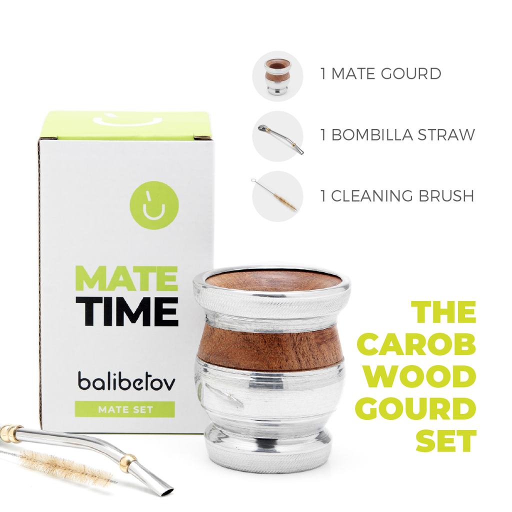 The Carob Wood Mate Gourd Set (Aluminum Rim & Base)