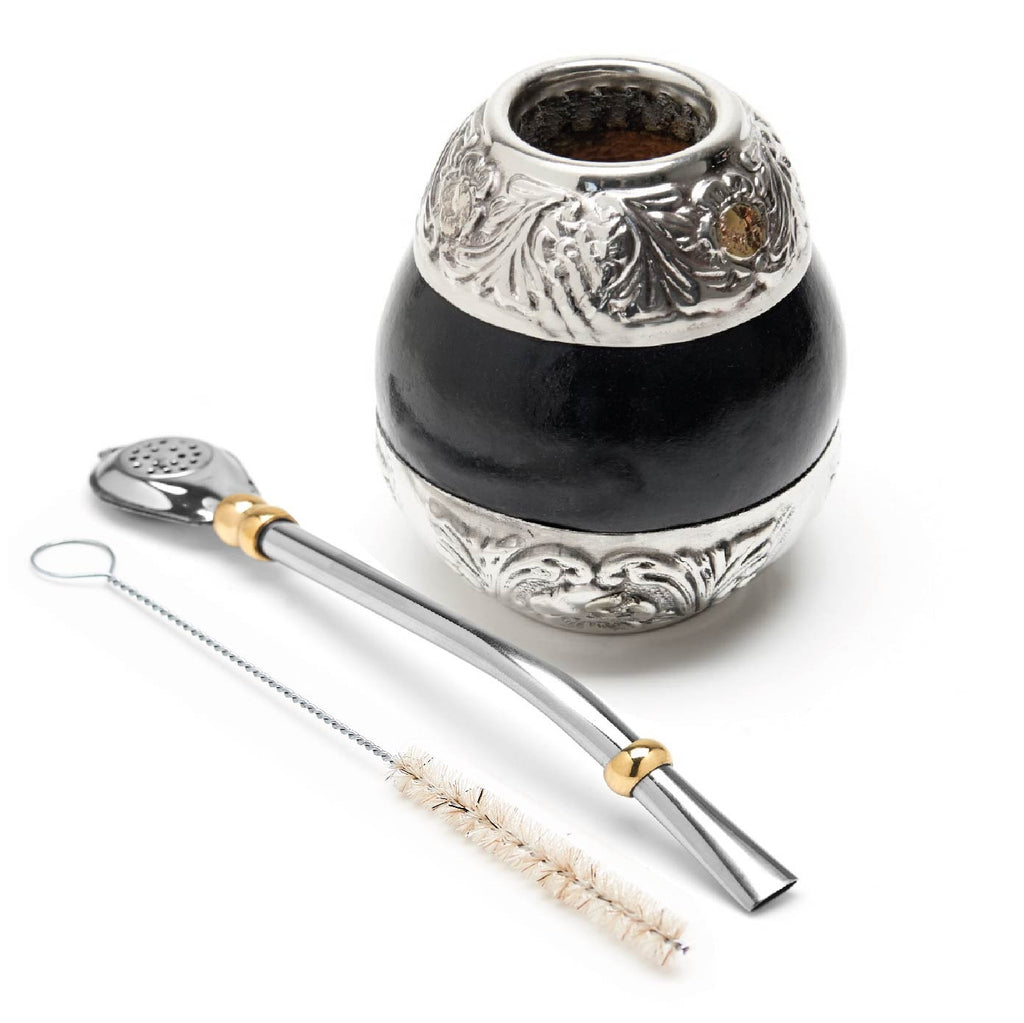 The Small Flowery German Silver Calabash Mate Gourd Set (Black)
