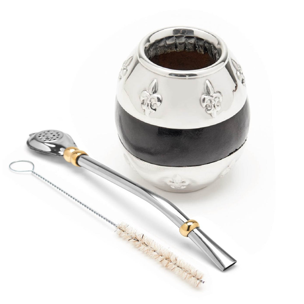 The Small Flor de Lis German Silver Calabash Mate Gourd Set (Black)