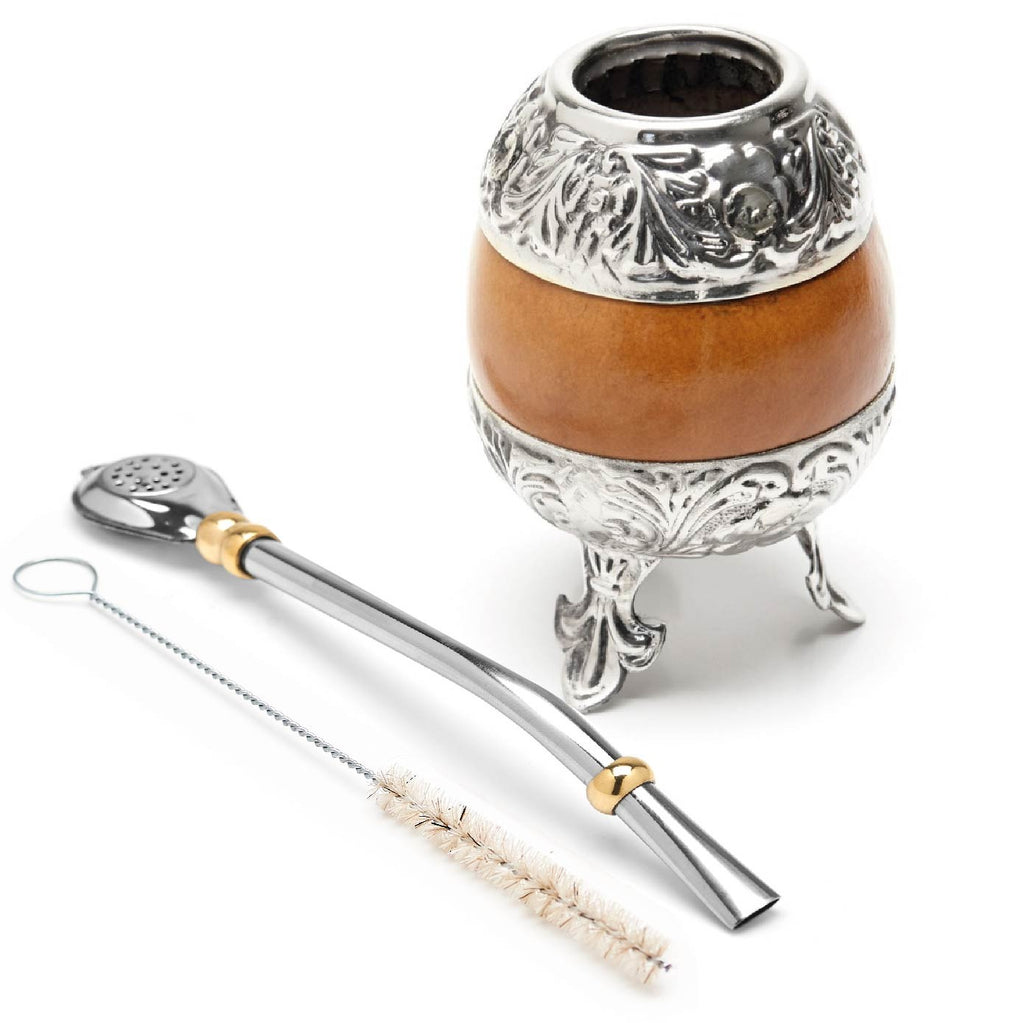 The Small Flowery German Silver Calabash Mate Gourd Set (Suela)