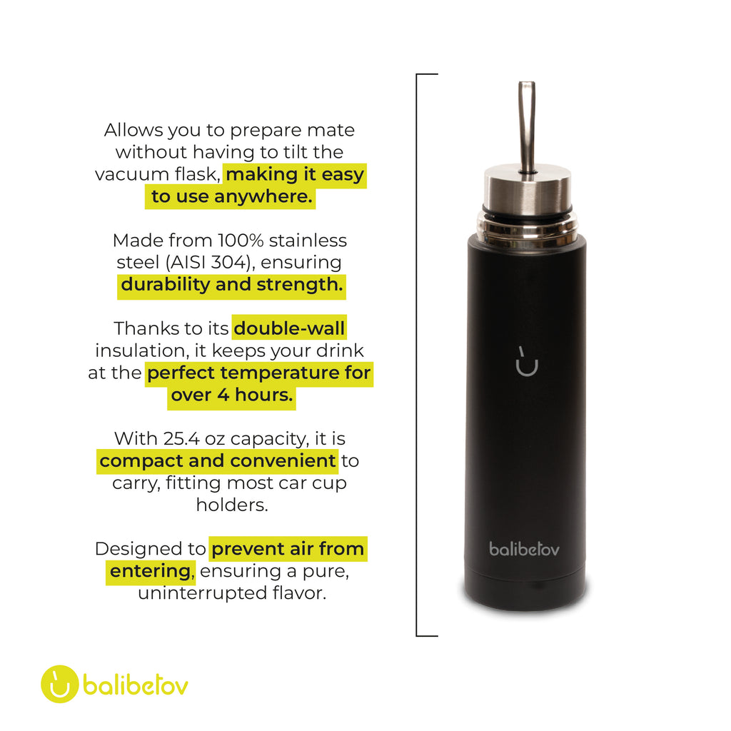 AutoMate Self-Serving Yerba Mate Bottle (25oz) – All-in-One Auto-Cebante Cup, Keeps Water Hot for Hours, No-Spill