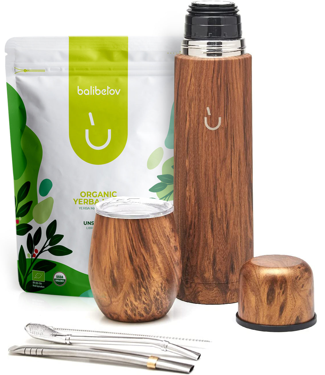 Premium Stainless Steel Yerba Mate Kit - 1kg Yerba Mate Bag Included (Wood)