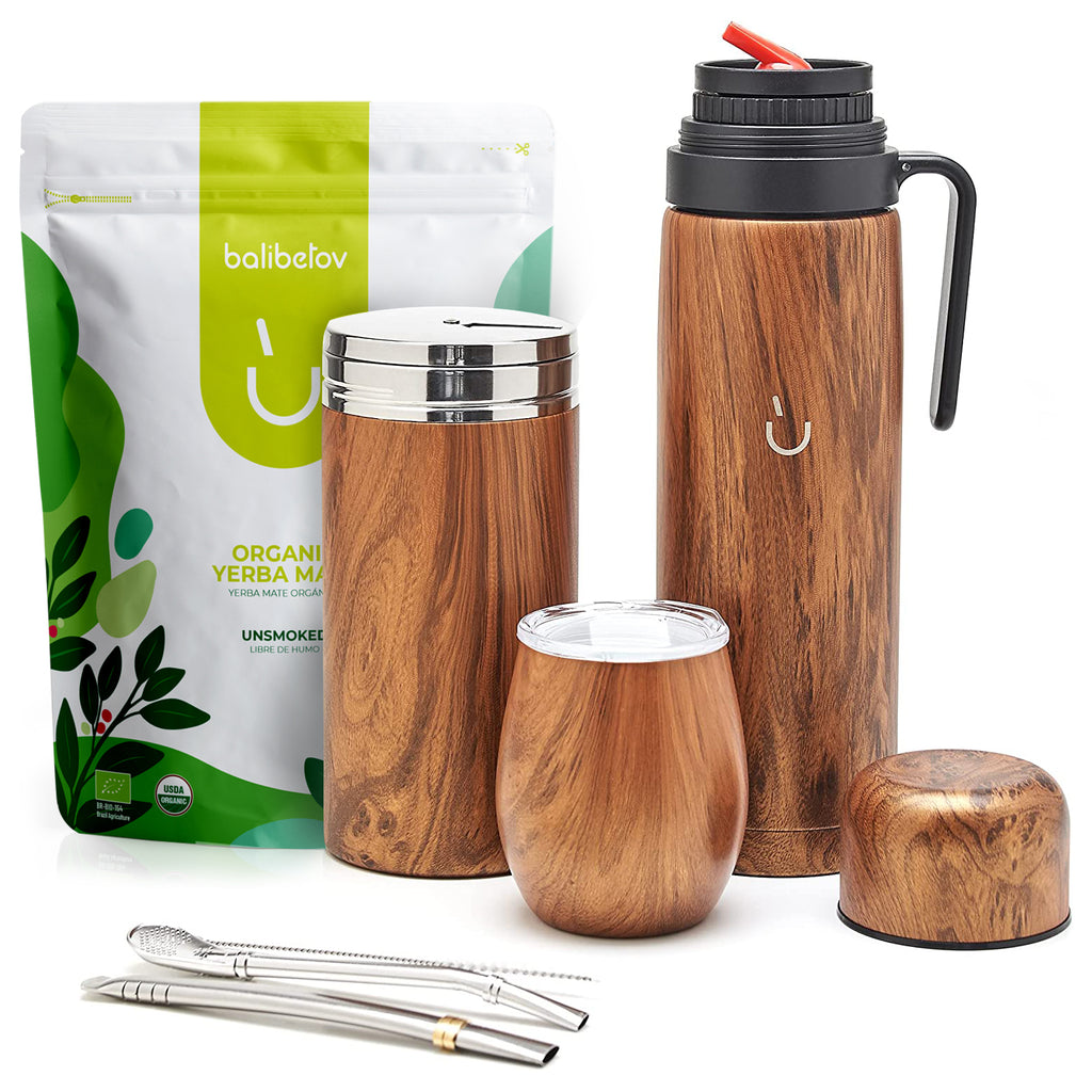 Kit Superior de Yerba Mate de Acero Inoxidable - Bolsa de Yerba Mate de 1kg Incluida (Madera)