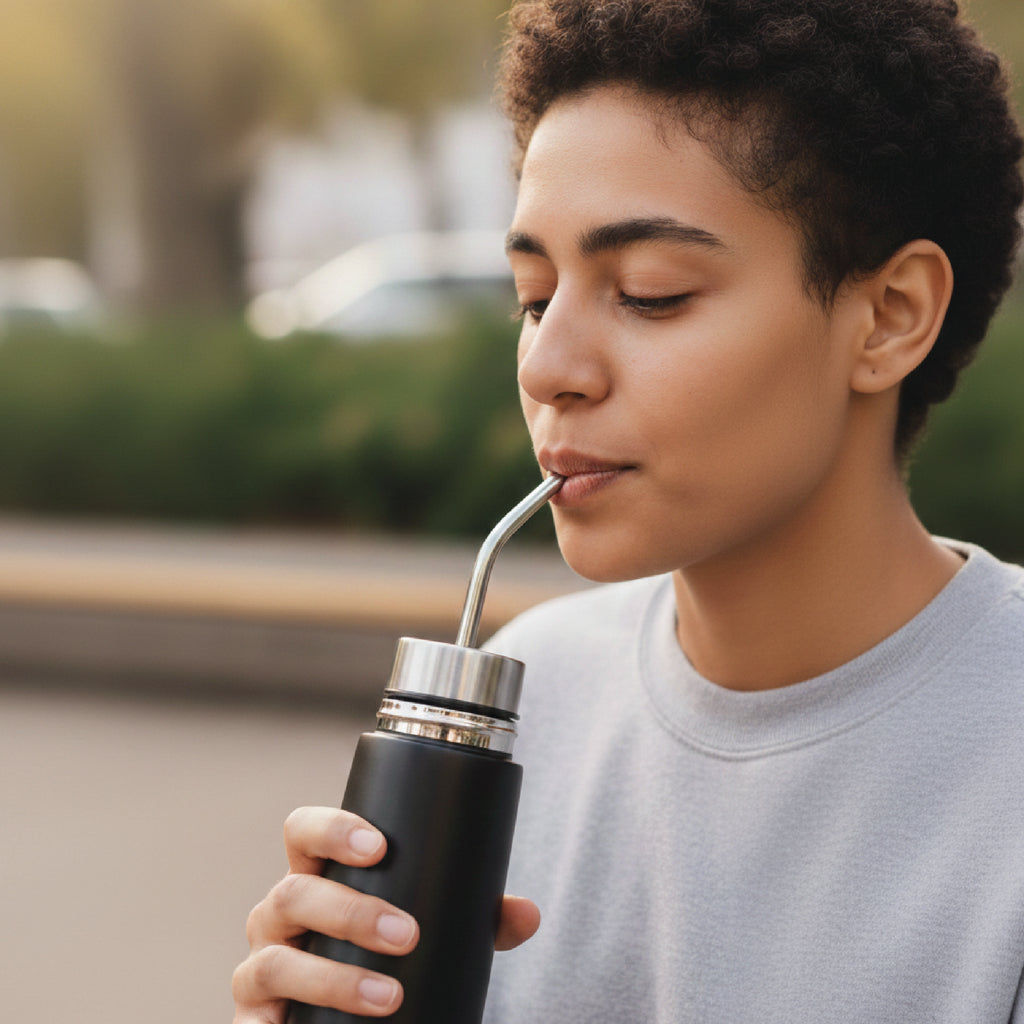 AutoMate Self-Serving Yerba Mate Bottle (25oz) – All-in-One Auto-Cebante Cup, Keeps Water Hot for Hours, No-Spill