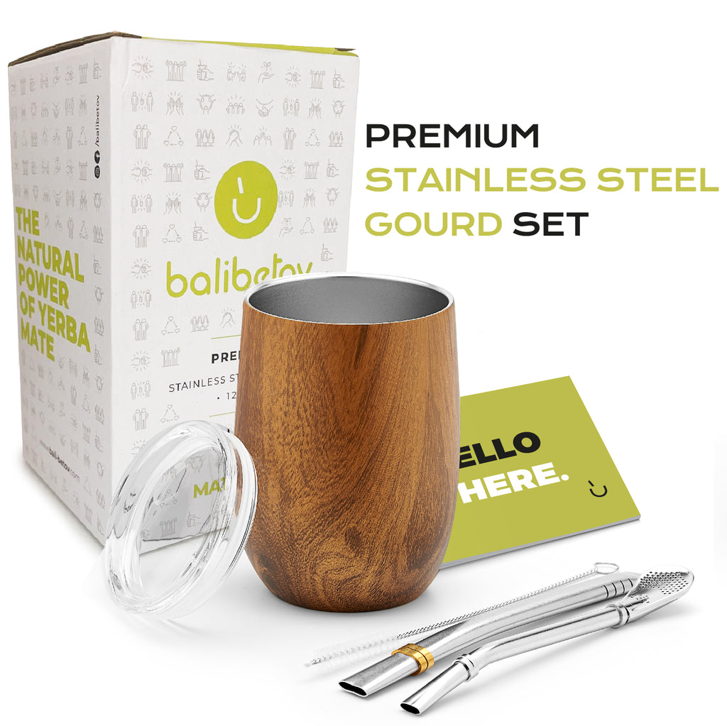 Premium Stainless Steel Yerba Mate Gourd Set (Wood, 12oz)