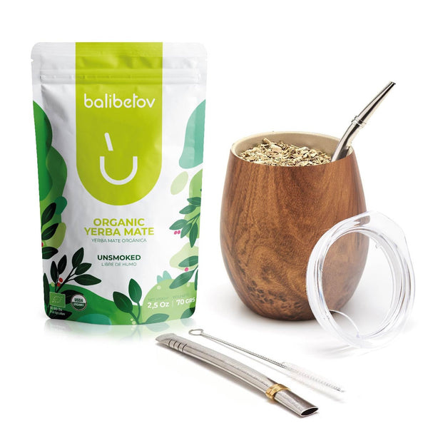 Premium Stainless Steel Yerba Mate Gourd Set - Wood, 8oz -  Organic Yerba Mate Tea 70g Bag Included
