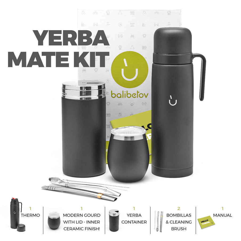 Superior Stainless Steel Yerba Mate Kit - 1kg Yerba Mate Bag Included (Black)