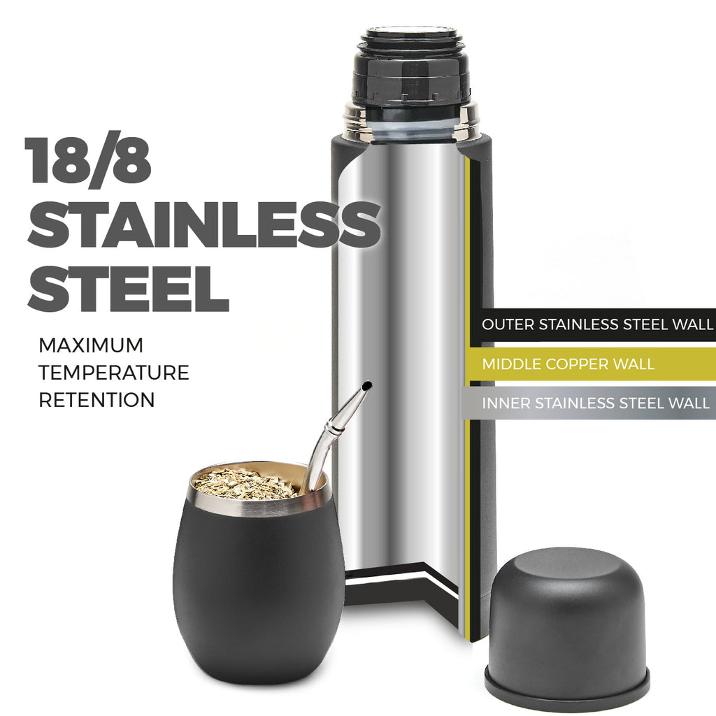 Premium Stainless Steel Yerba Mate Kit - 1kg Yerba Mate Bag Included (Black)