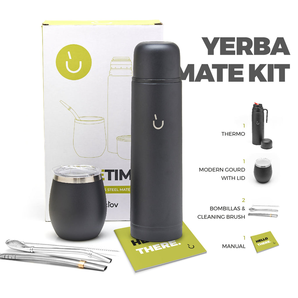 Kit de Yerba Mate de Acero Inoxidable Premium - Bolsa de Yerba Mate de 1kg Incluida (Negro)