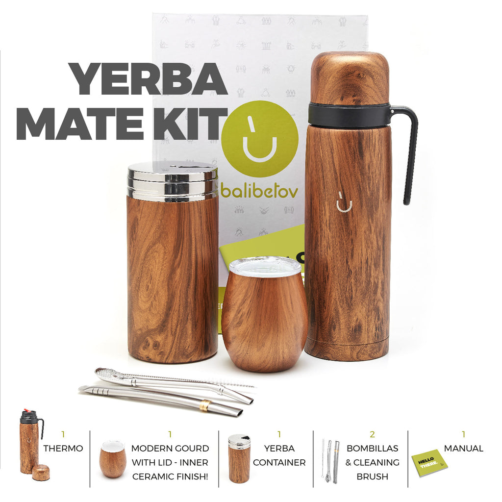Kit Superior de Yerba Mate de Acero Inoxidable - Bolsa de Yerba Mate de 1kg Incluida (Madera)