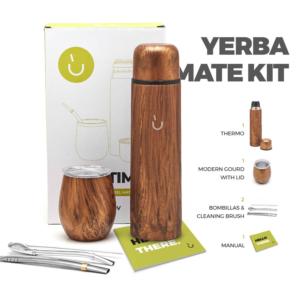 Kit de Yerba Mate de Acero Inoxidable Premium - Bolsa de Yerba Mate de 1kg Incluida (Madera)