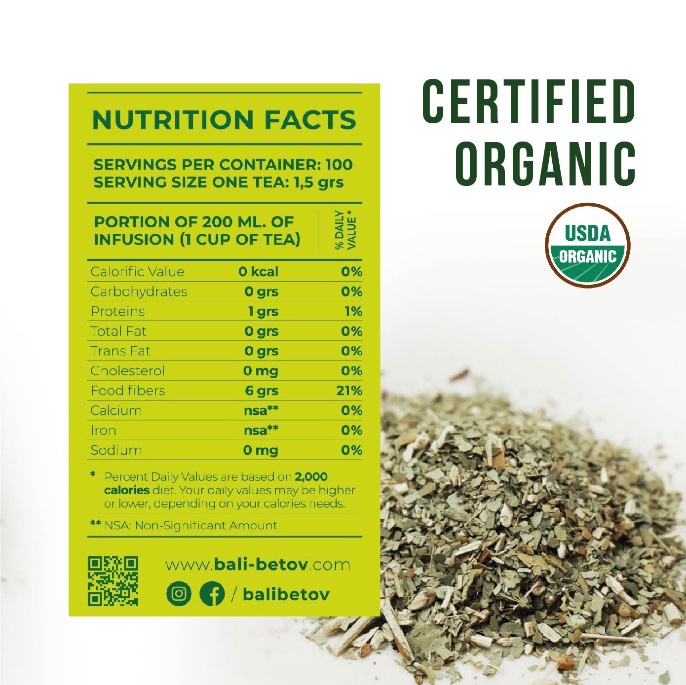 Organic Yerba Mate Tea Bags By Balibetov - Unsmoked 100 Tea Bags