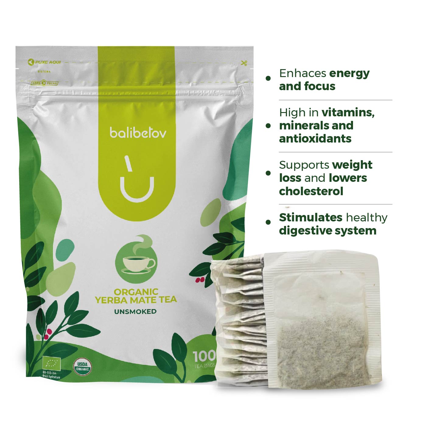 Organic Yerba Mate Tea Bags By Balibetov - Unsmoked 100 Tea Bags