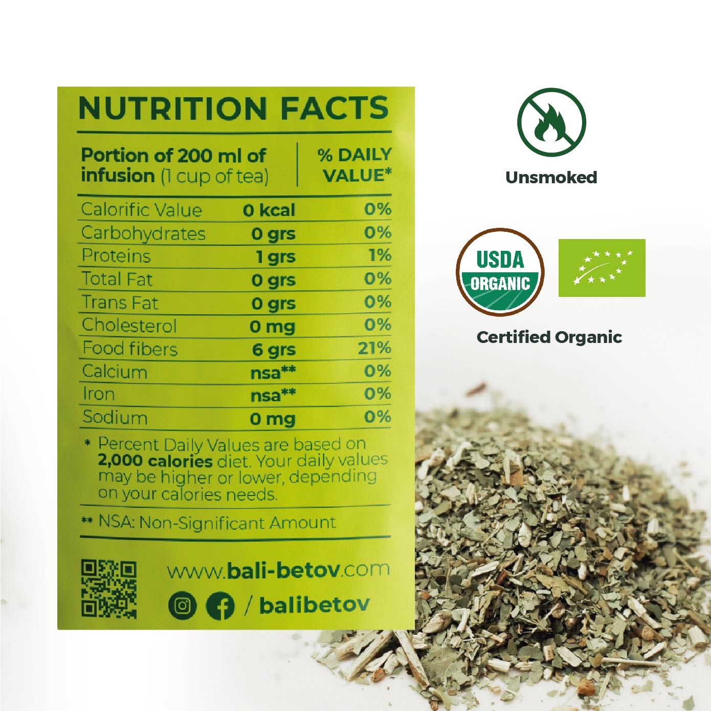 Organic Yerba Mate By Balibetov - Unsmoked 2.5 oz I 70g Bag (Pack of 6 Resealable Bags)