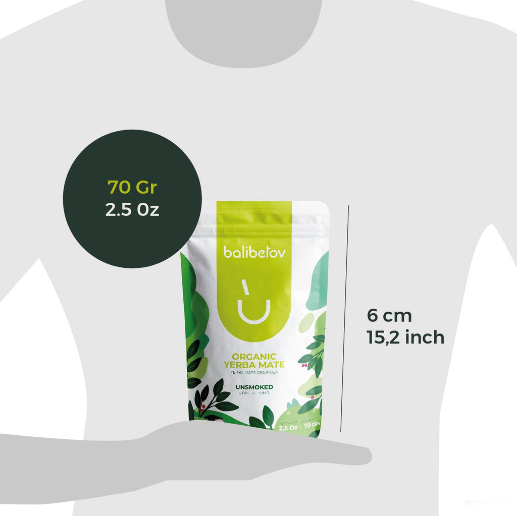 Organic Yerba Mate By Balibetov - Unsmoked 2.5 oz I 70g Bag (Pack of 6 Resealable Bags)