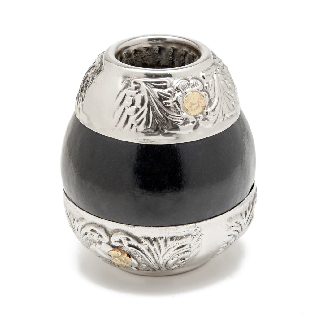 The Small Flowery German Silver Calabash Mate Gourd Set (Black)