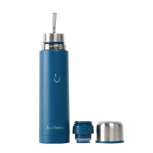 AutoMate Self-Serving Yerba Mate Bottle (25oz) – All-in-One Auto-Cebante Cup, Keeps Water Hot for Hours, No-Spill (Blue)
