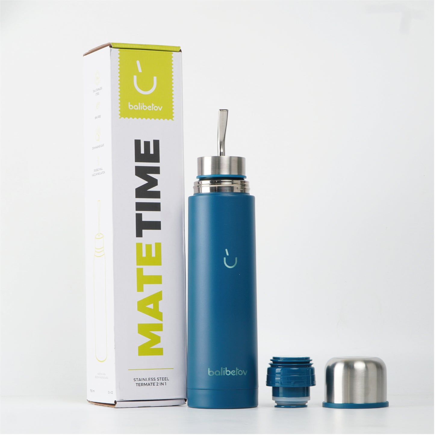 AutoMate Self-Serving Yerba Mate Bottle (25oz) – All-in-One Auto-Cebante Cup, Keeps Water Hot for Hours, No-Spill (Blue)