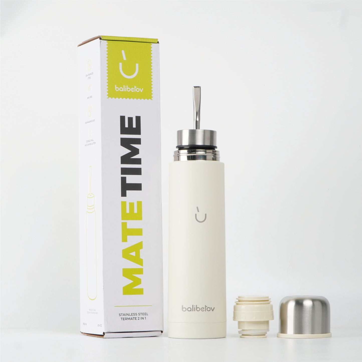 AutoMate Self-Serving Yerba Mate Bottle (25oz) – All-in-One Auto-Cebante Cup, Keeps Water Hot for Hours, No-Spill (Beige)