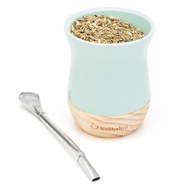 Classic Ceramic Yerba Mate Gourd Set with Wooden Base (Aqua)