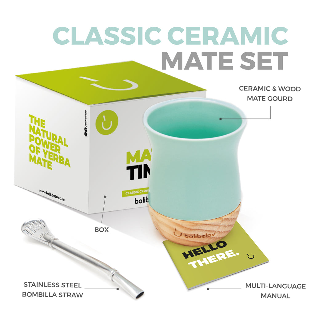 Classic Ceramic Yerba Mate Gourd Set with Wooden Base (Aqua)