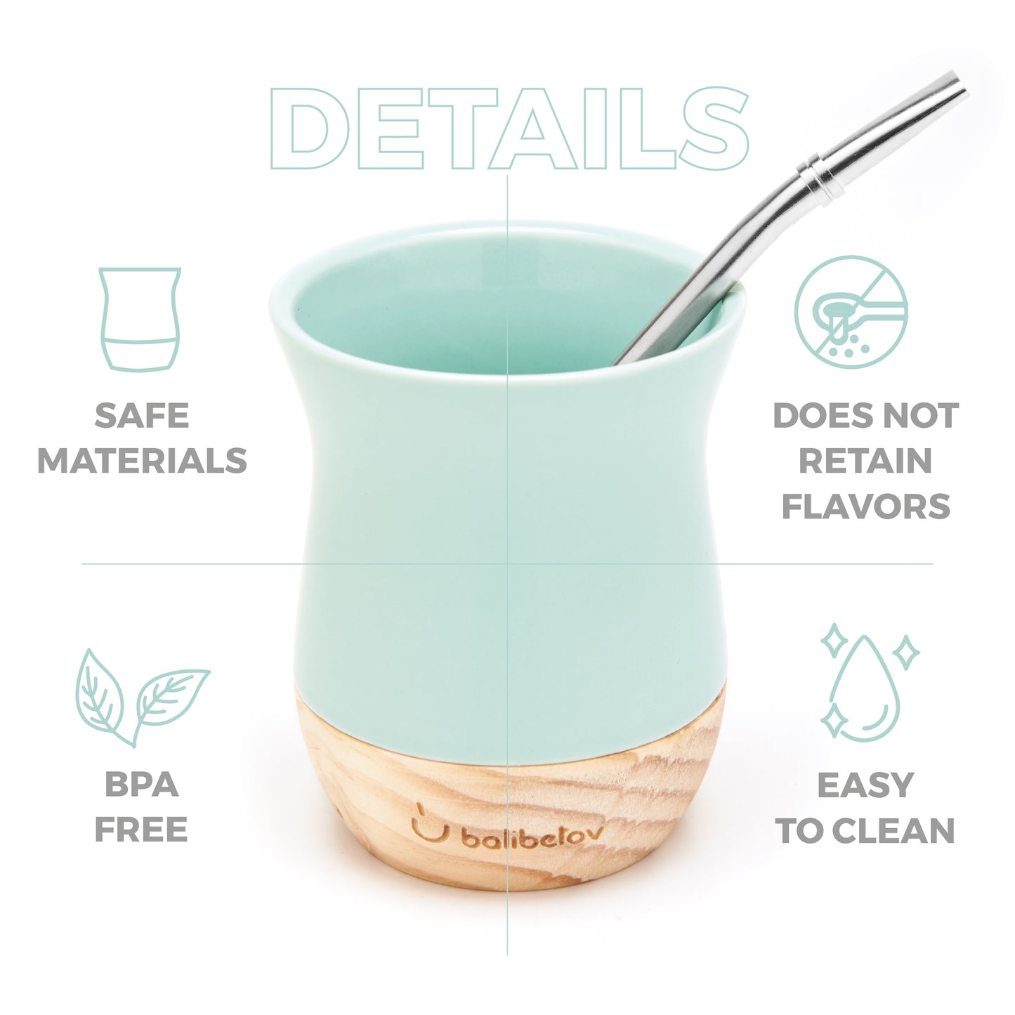 Classic Ceramic Yerba Mate Gourd Set with Wooden Base (Aqua)