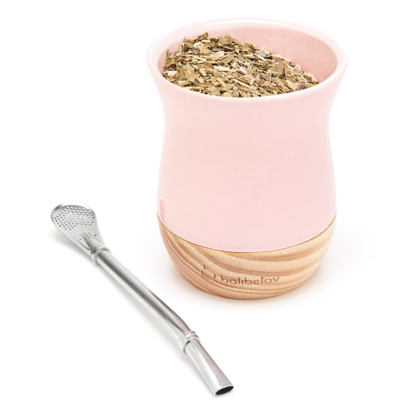 Classic Ceramic Yerba Mate Gourd Set with Wooden Base (Pink)