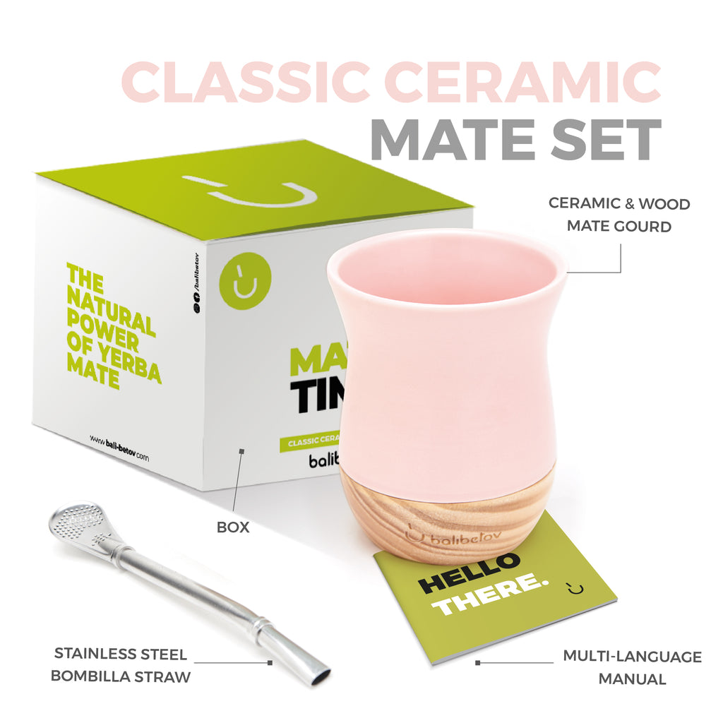 Classic Ceramic Yerba Mate Gourd Set with Wooden Base (Pink)