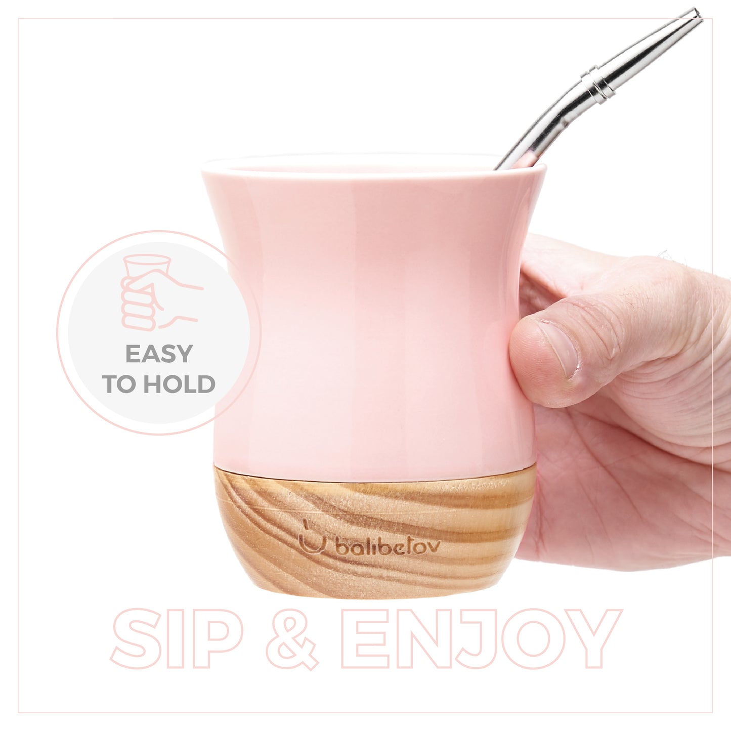 Classic Ceramic Yerba Mate Gourd Set with Wooden Base (Pink)