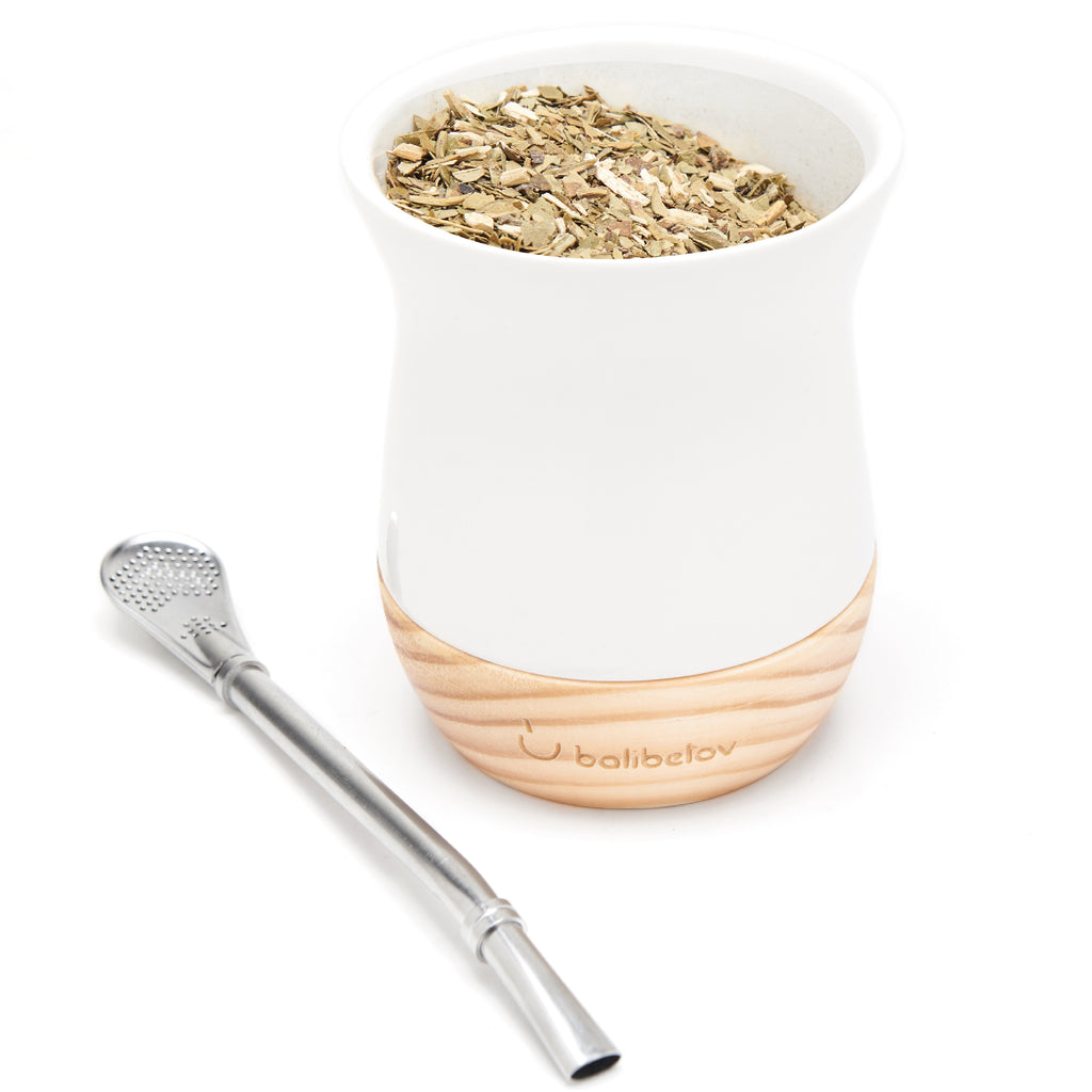 Classic Ceramic Yerba Mate Gourd Set with Wooden Base (White)