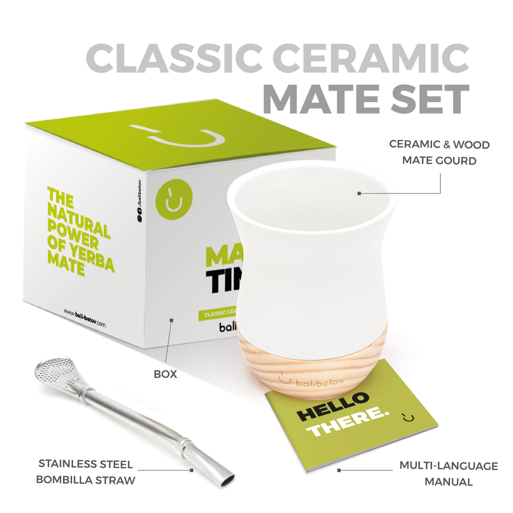 Classic Ceramic Yerba Mate Gourd Set with Wooden Base (White)