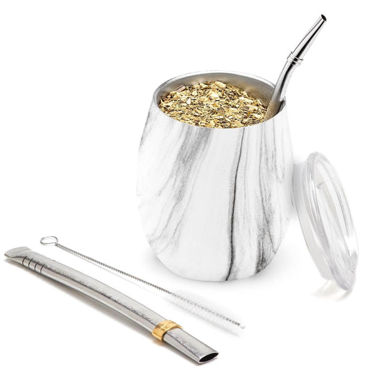 Premium Stainless Steel Yerba Mate Gourd Set (Marble, 8oz)