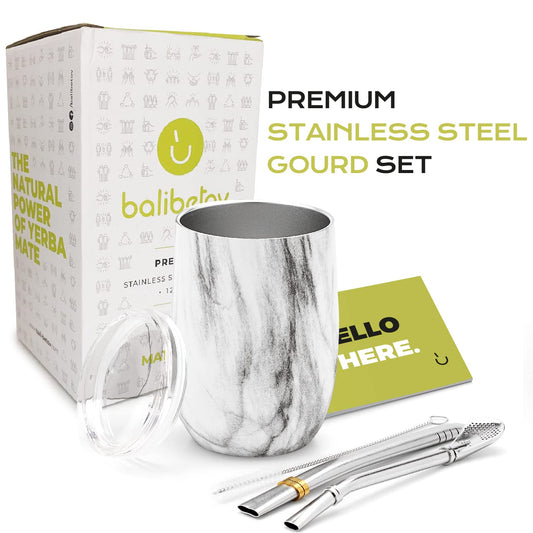 Premium Stainless Steel Yerba Mate Gourd Set (Marble, 8oz)