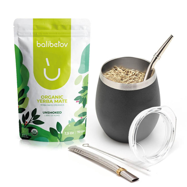 Premium Stainless Steel Yerba Mate Gourd Set - Black, 8oz -  Organic Yerba Mate Tea 70g Bag Included