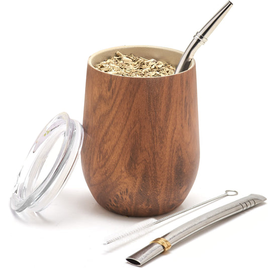Premium Stainless Steel Yerba Mate Gourd Set (Wood, 8oz)