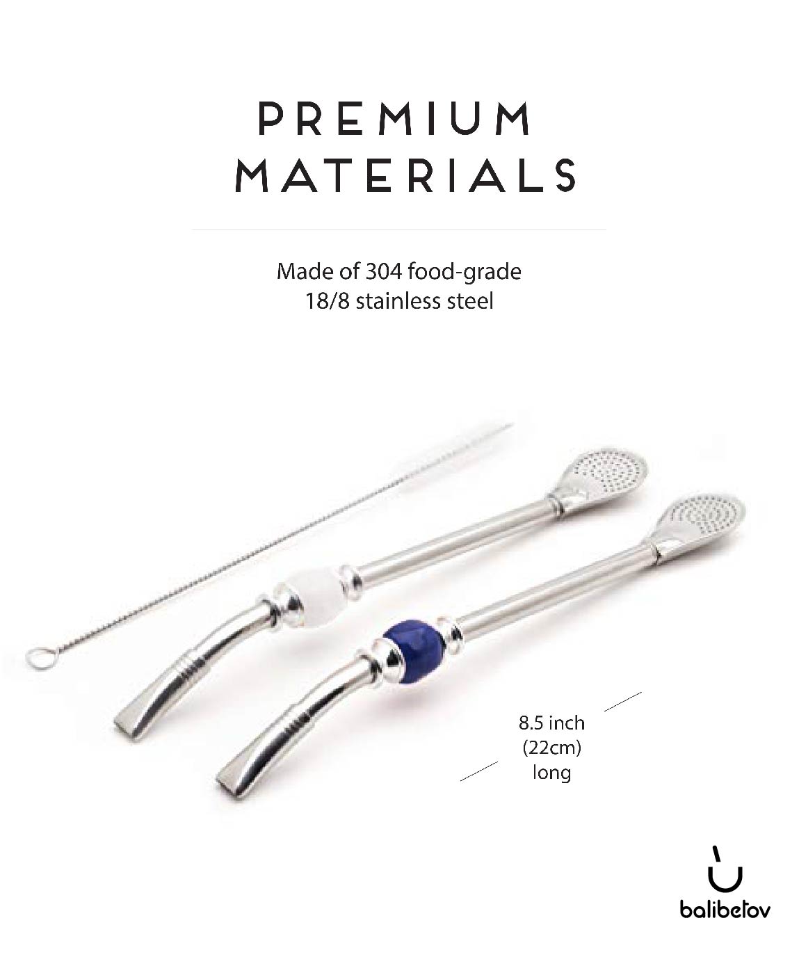 Premium Big Stainless Steel Bombilla Straw  - Set of 2 (White & Blue)