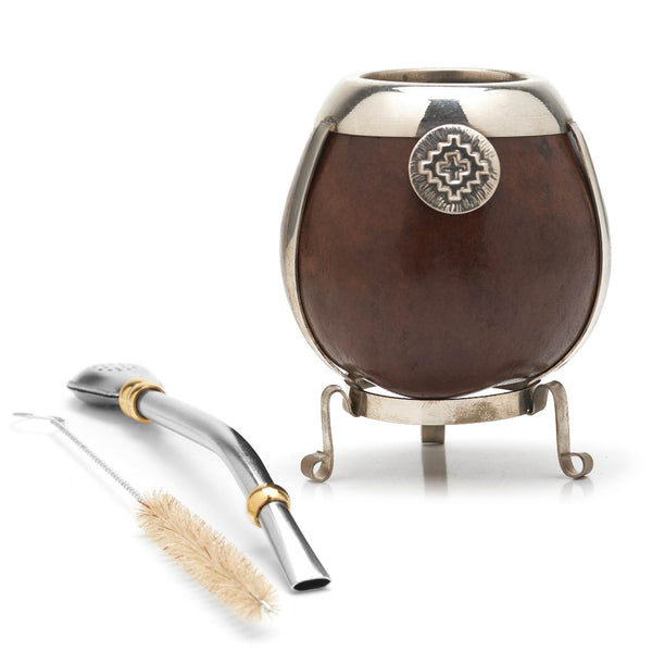 The German Silver Calabash Yerba Mate Gourd Set (Dark brown)