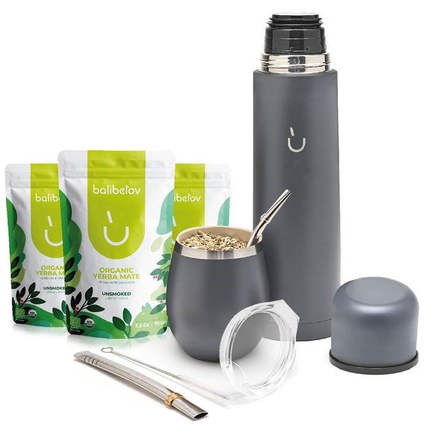 Premium Stainless Steel Yerba Mate Kit - Gray - Pack of 3 Organic Yerba Mate Tea 70g Each Included