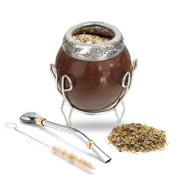The Traditional Calabash Yerba Mate Gourd Set  (Dark Brown with Base)